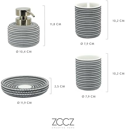 ZCCZ Black and White Bathroom Accessories Set, 4 Pieces - Toothbrush Holder, Soap Dispenser, Vanity Tray, Tumbler - Countertop Organizer for Bathroom Decor - Modern Accessory Set for Home and Office