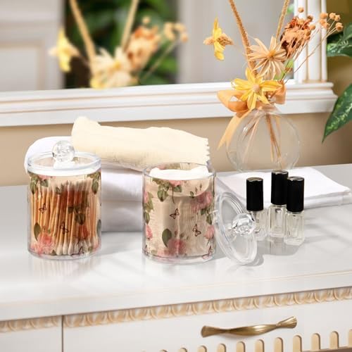 4 Pack Qtip Holder Dispenser with Lids - Vintage Paper Roses Butterfly Plastic Storage Containers - Bathroom Canisters Organizer for Cotton Swab, Cotton Round Pads, Floss 21215190