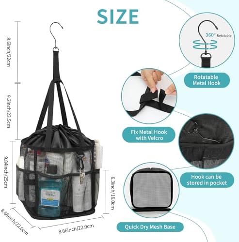 Mesh Shower Caddy Portable for College Dorm Room Essentials, Shower Tote Bag with Hanging Hook and Drawstring, Quick Dry Toiletry Bag with 6 Pockets for Bathroom, Swimming, Gym, Camping, Beach, Travel