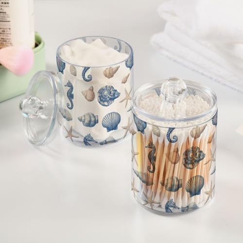 Seashells on Blue Board Qtip Holder Apothecary Jars Bathroom Storage Floss Makeup Organizer for Cotton Ball Swab Acrylic 2 Packs