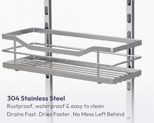 SWTYMIKI Over the Door Shower Caddy - 5 Tier Adjustable Shower Organizer Hanging with Soap Holder, No Drilling Stainless Steel Bathroom Rack Hanging for Body Wash, Shampoo, Soap, Razor, Silver