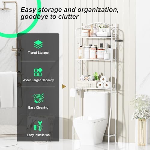 HOME BI Over The Toilet Storage Shelf, 3-Tier Over Toilet Bathroom Organizer Rack, Freestanding Space Saver Toilet Stands with Hooks (White)