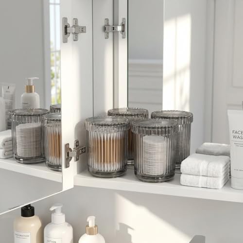 rejomiik 2 Pack Thick Glass Qtip Holder Apothecary Jars with Lids, Gray
