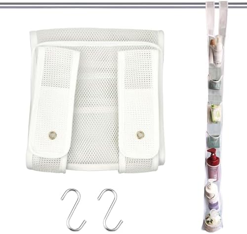 Mesh Shower Caddy Hanging, 7 Pocket Organizer, Premium Polyester, Foldable, Lightweight, Portable, White-1Pack