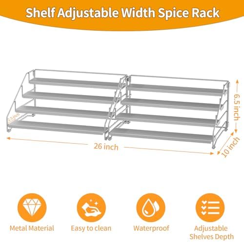 BOIVSHI 4 Tier Spice Rack for Cabinet, Depth Adjustable Spicy Shelf,Gray