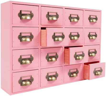 16 Drawers Apothecary Cabinet Library Card Catalog Cabinet Card Catalog Drawer with Metal Handles & Label Slot Wooden Desk Drawer Organizer for Herb Storage, Tea Collection (Pink)