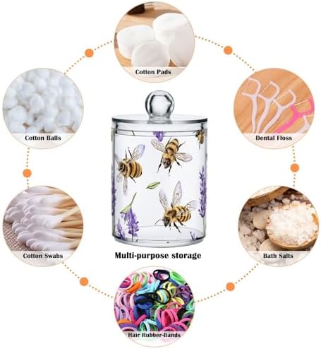 Fustylead 2 Pack Vivid Honeybee and Lavender Flower Qtip Holder Dispensers, Plastic Apothecary Jar Bathroom Accessories Set for Cotton Ball, Swab, Round Pads, Floss