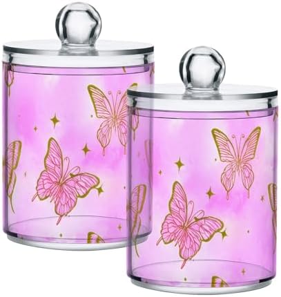 DOMIKING Butterfly Star Pink 2 Pack Cotton Swab Holder Dispenser Plastic Jar Bathroom Storage Canister Acrylic Containers for Cotton Round Pads Ball Swab