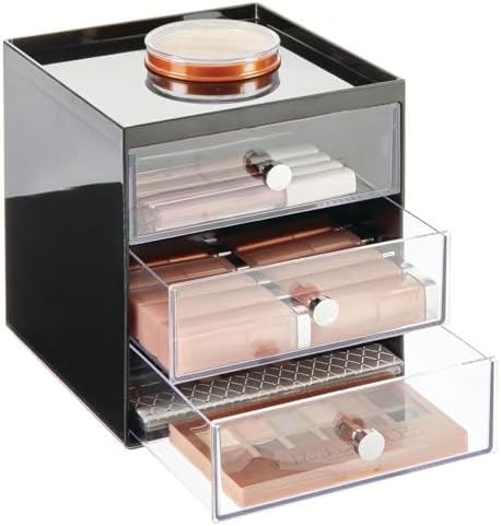 mDesign Makeup Organizer Storage Station Cube with 3 Drawers for Bathroom Vanity, Cabinet, Countertops - Holds Lip Gloss, Eyeshadow Palettes, Brushes, Blush, Mascara - Black/Clear
