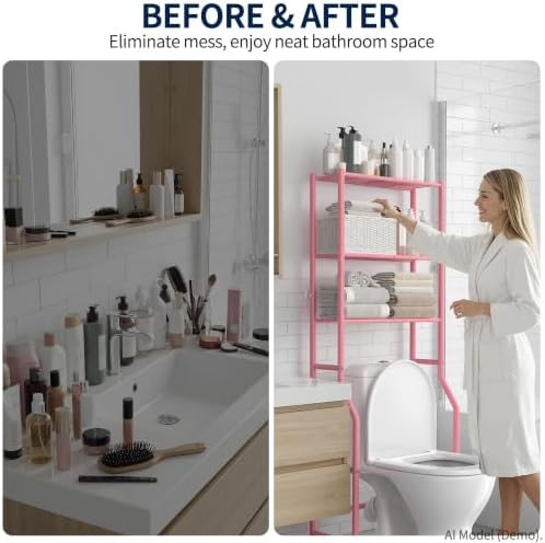 GloTika 3-Tier Over Toilet Storage, Anti-Wobble, Pink