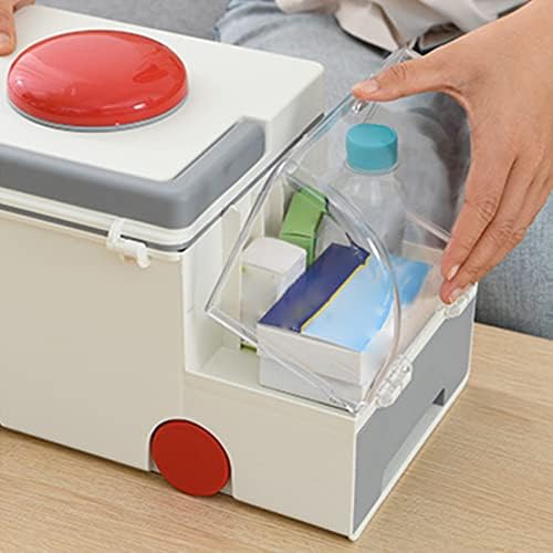 Derefine Medicine Box, Cute Ambulance Shape Double Layer Large Capacity Medicine Storage Box with Portable Handle, Multifunctional Sturdy Durable Storage Organizer Baskets for Home(Grey)