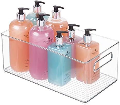 mDesign Plastic Bathroom Storage Container Bins w/ Handles - Closet, Cabinet, Vanity, Cupboard Shelf Organization, Hair Tools Accessory Organizer - Ligne Collection; Clear, 14.6x8.1x6 (Pack of 4)