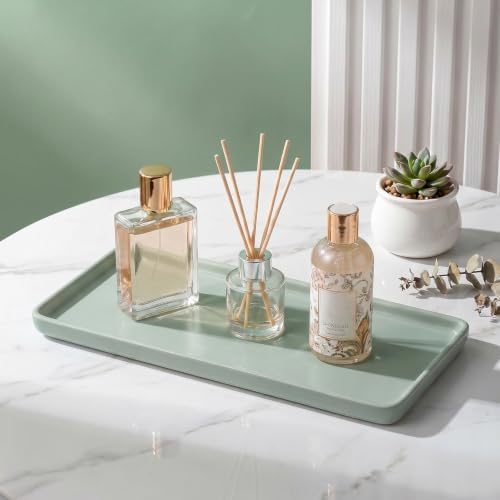 8″ x 3.7″Ceramic Vanity Tray, Decorative Rectangular Organizer for Bathroom Countertop, Dresser Top, Kitchen & Bathtub, for Soap, Perfume, Candle, Jewelry & Cosmetics (Green)