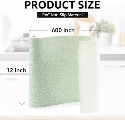 12X600 Inch Shelf Liner with Scissor & Tape Measure for Kitchen Cabinets, PVC Drawer Liner for Dresser Non-Slip Bathroom, Non-Adhesive Cabinet Liner Washable (Green)