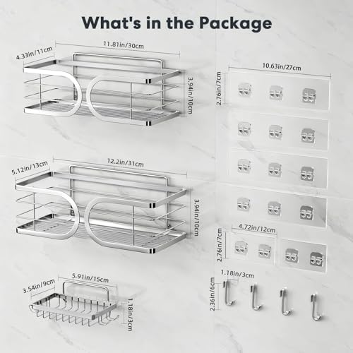 Shower Caddy 3 Pack with Soap Holder No Drill Wall Mounted 304 Stainless Steel Durable Large Capacity Adhesive Shower Rack Organiser Quick Dry Rustproof Bathroom Storage Shelves(Silver)