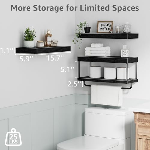 QEEIG Bathroom Floating Shelves Over Toilet (Black, Set of 3, 15.7")