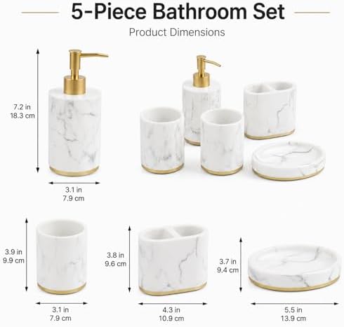 5 Piece Bathroom Accessories Set, Marble Resin Bathroom Set with Soap Dispenser, Toothbrush Holder, Soap Dish and Tumblers, Modern Bathroom Countertop Decor with Gold Accents (White)
