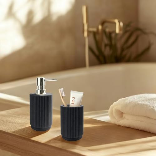 2Pcs Black Bathroom Set, Striped Resin Soap & Toothbrush Holder, Boho