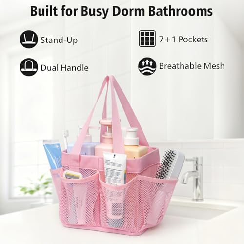 F-color Mesh Shower Caddy Portable - Stand Up 8 Pockets for Dorm, Pink