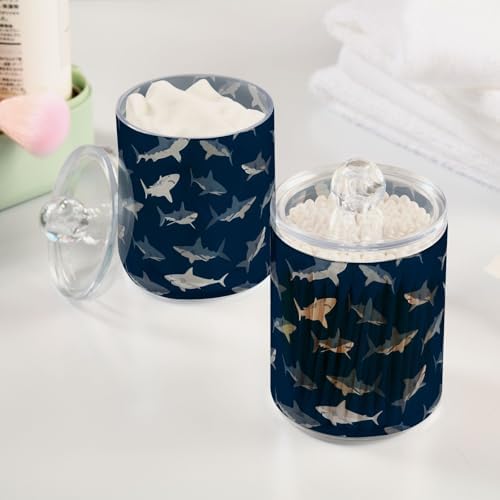 ALAZA 2pcs Dark Blue Shark Fish Qtip Holder Dispenser 14 oz Bathroom Storage Clear Apothecary Jars Containers Cotton Ball,Cotton Rounds,Floss Picks, Hair Clips, Food