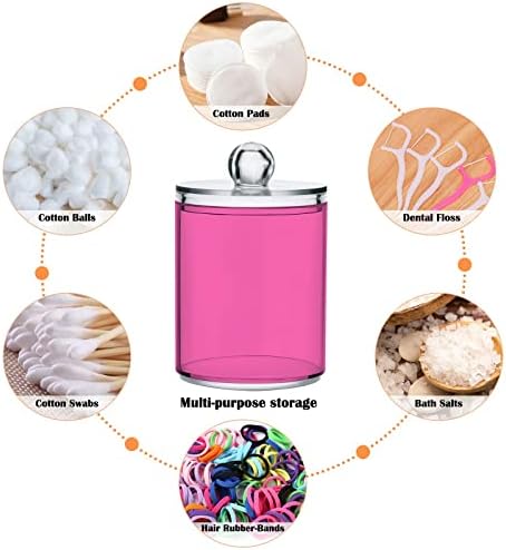 SHJI Hot Pink Qtip Holder Organizer Dispenser Cotton Swabs Cans Plastic Jars with Lid Set 2 Pack Bathroom Storage Canister for Cotton Ball Floss Cotton Pads