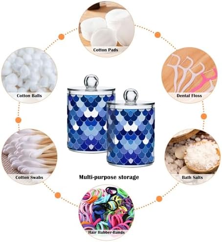 MNSRUU 2 Pack Qtip Holder Organizer Dispenser Blue Fish Scales Bathroom Storage Canister Cotton Ball Holder Bathroom Containers for Cotton Swabs/Pads/Floss