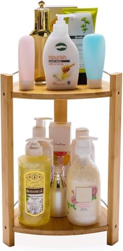 GOBAM Bamboo Shower Corner Caddy, Large - 2 Tier Standing Shower Stand for Shampoo, Conditioner, Lotion, Soap - Caddy Organizer for Kitchen, Bedroom, or Office