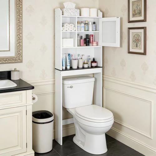 ZENY Over The Toilet Storage Cabinet, Bathroom Organizer with Adjustable Shelf and Double Doors, Freestanding Bathroom Space Saver Toilet Rack (White)