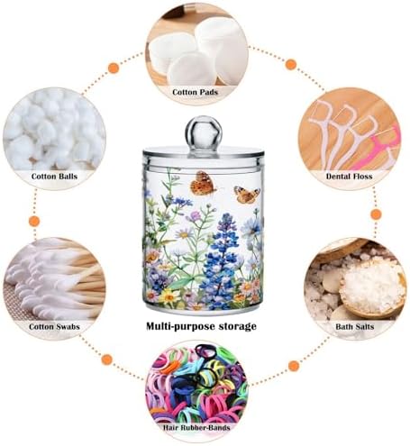 senya Clear Plastic Jars Cotton Swabs Cans, Watercolor Wildflowers Spring Bathroom Canisters Storage Organizer with Lids 2PCs Set for Cotton Ball, Cotton Swab, flossers, Hair Bands