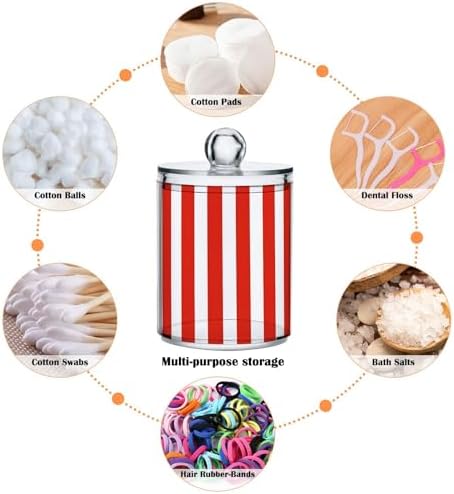 ALAZA Red White Striped 2 Pack Qtip Holder Dispenser for Cotton Swabs, Balls, Pads, Floss 10 oz Plastic Canister Organizer