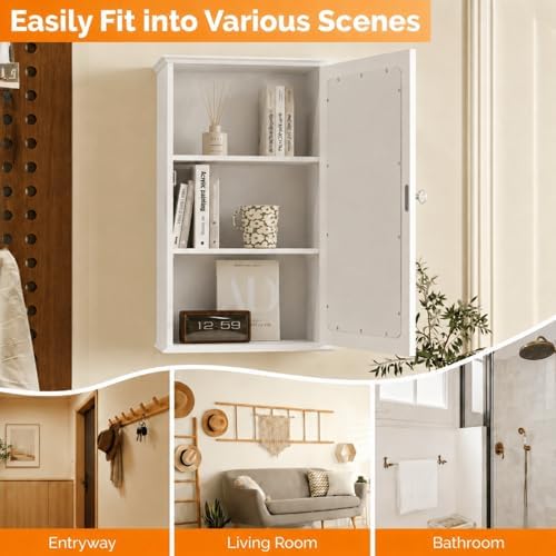 VINGLI Bathroom Wall Cabinet Wall Mount Mirrored Medicine Cabinet with Mirror Storage Organizer with Single Mirror Door and 2 Adjustable Shelves White