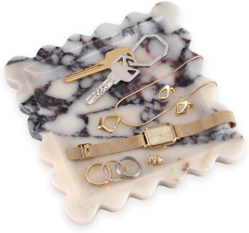 Scalloped Square Marble Decorative Tray, Natural Stone Vanity & Jewelry Tray, Trinket Organizer for Ring, Key, Dresser, Nightstand, Bathroom Counter & Kitchen Sink(Calacatta Viola)