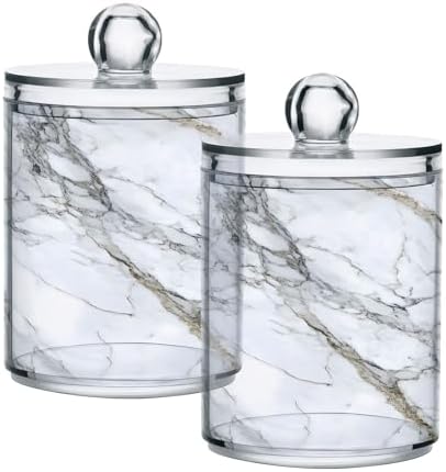 MNSRUU 2 Pack Qtip Holder Organizer Dispenser Stylish White Marble Texture Bathroom Storage Canister Cotton Ball Holder Bathroom Containers for Cotton Swabs/Pads/Floss