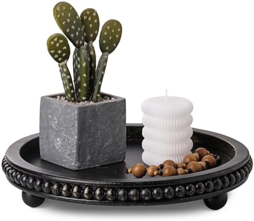 Black Round Wooden Tray for Decor, Rustic Farmhouse Centerpiece