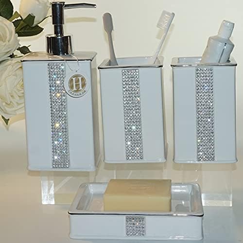 Bathroom Accessories Set 4 Pcs-Ceramic Gift Set Soap Dispenser Pump & Toothbrush Holder & Tumbler Cup & Soap Dish - Bathroom Home Decor Clearance, Countertop Vanity Organize(12 Ounce White)