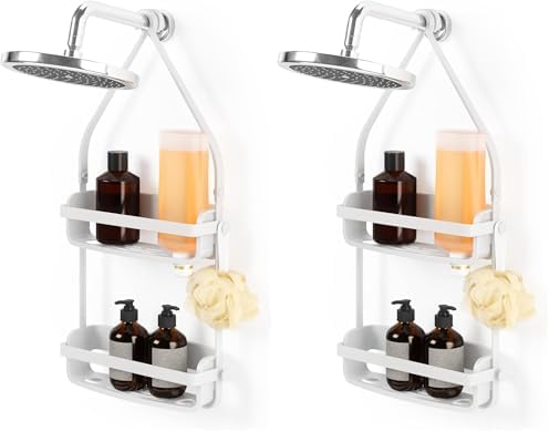 Umbra Flex Hanging Shower Caddy with 2 Shelves, Bathtub Shelf and Bathroom Organizer, White (Pack of 2)