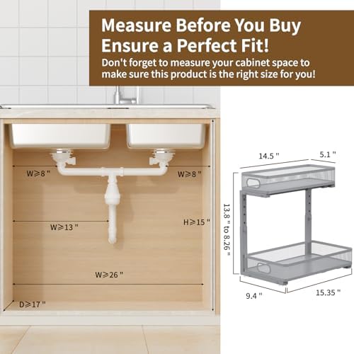 Under Sink Organizer 2 Pack, 2-Tier Slide Out Cabinet Organizer with Metal Sliding Drawer and Hooks, Pull Out Storage Baskets for Kitchen Bathroom Pantry Cabinet Organization (grey)