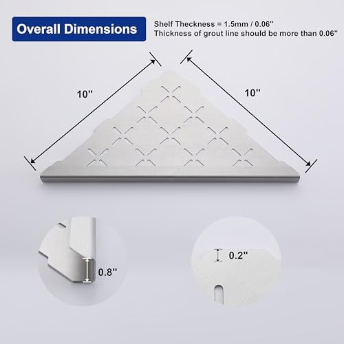 10" Corner Shower Shelf, 1-Pack Shower Shelves SUS304 Stainless Steel Bathroom Shelves for Tile Walls, Recessed Corner Shelf Organizer Rack, No Drilling (Brushed)