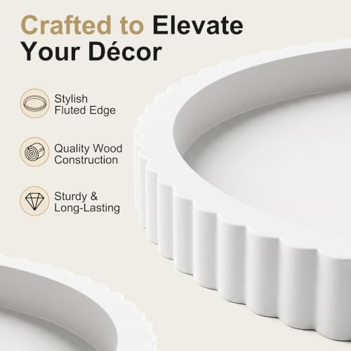 FGU Round Wood Decorative Tray for Coffee Table Home Decor, White