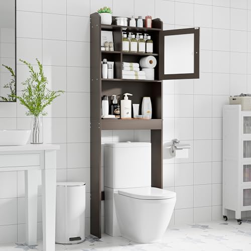 Nouva Over The Toilet Storage Cabinet - Glass Door Bathroom Shelf Storage Organizer with Adjustable Shelf Freestanding Toilet Rack Space Saver (Brown), AE453