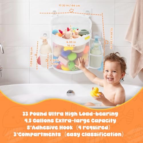 3 Compartments Bath Toy Storage Organizer, Mesh Shower Caddy