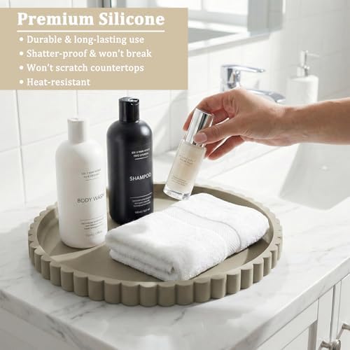 Silicone Bathroom Vanity Tray, Modern Round Decorative Tray for Countertop, Waterproof & Unbreakable Cosmetic Perfume Organizer, Extra-Thick & Sturdy, Easy to Clean Candle Tray (9 Inch, Khaki)