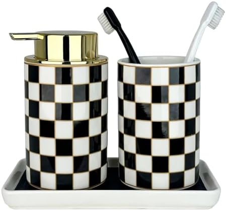 Black Gold Checkered Bathroom Accessories Set - Ceramic Soap Dispenser and Toothbrush Holder with Tray, Modern Black White Decor Lotion Dispenser for Bathrooms Kitchen Guest Room, Housewarming Gift