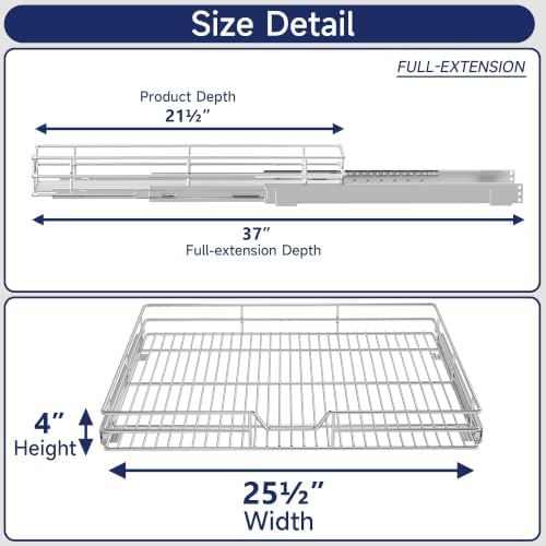 Pull Out Cabinet Organizer, 25.5" W x 21.5" D, Heavy Duty Chrome Slide Out Shelf for Wide Base Cabinets, Sliding Wire Basket Drawer for Pots, Pans, Appliances & Pantry Storage
