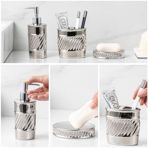 3-Piece Ceramic Bathroom Accessories Set - Soap Dispenser, Toothbrush Holder & Soap Dish with Modern Wave Embossed Design for Bathroom Accessory Set (Silver)