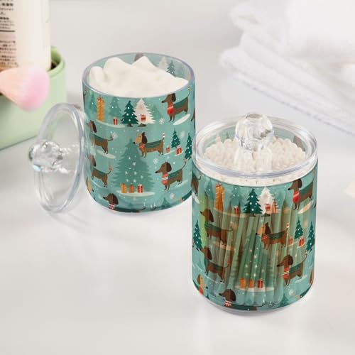 Christmas Dachshunds Clear Plastic Jars Set of 2, Clear Apothecary Plastic Jars Bathroom Canister for Cotton Pads, Cotton Ball, Cotton Swabs, Floss Picks 10 Oz