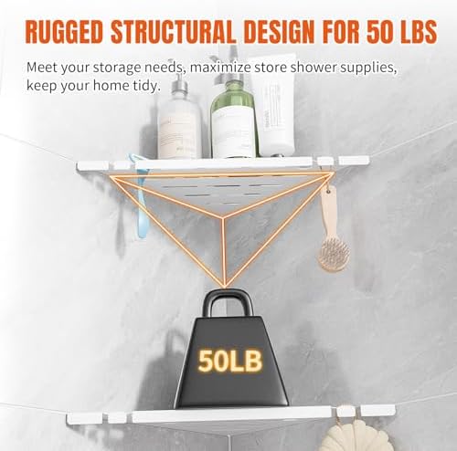 Corner Shower Shelves with Razor Hole & Hooks, Modern Sturdy Shower Shelves