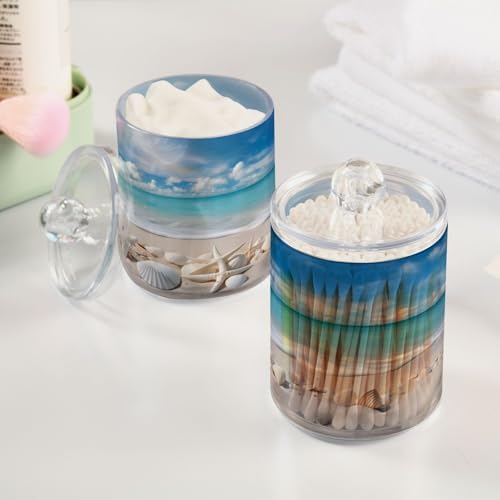 ALAZA 2 Pack Qtip Holder Ocean Seashells Beach, Cotton Swab Dispenser with Lid Bathroom Containers Canister Organizer Storage Jar