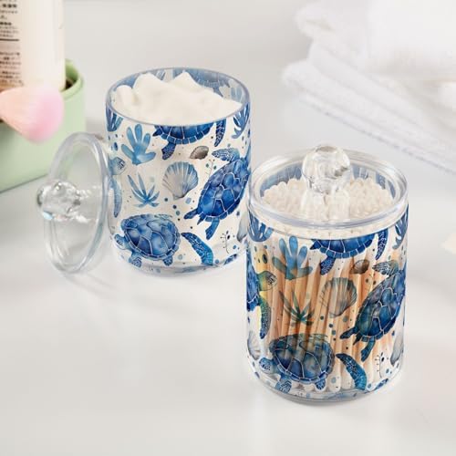 4 Pack Watercolor Blue Turtles and Shells Clear Plastic Jars 10 Oz Apothecary Jars with Lids Bathroom Counter Organizer for Cotton Pads, Cotton Ball, Cotton Swabs, Floss Picks