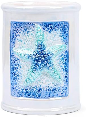 Coastal Ceramic Bathroom Accessory Set - 4 Piece Seashell & Starfish Decor, Includes Soap Dispenser, Toothbrush Holder, Soap Dish & Tumbler, Beach Themed Bath Decor (Blue)